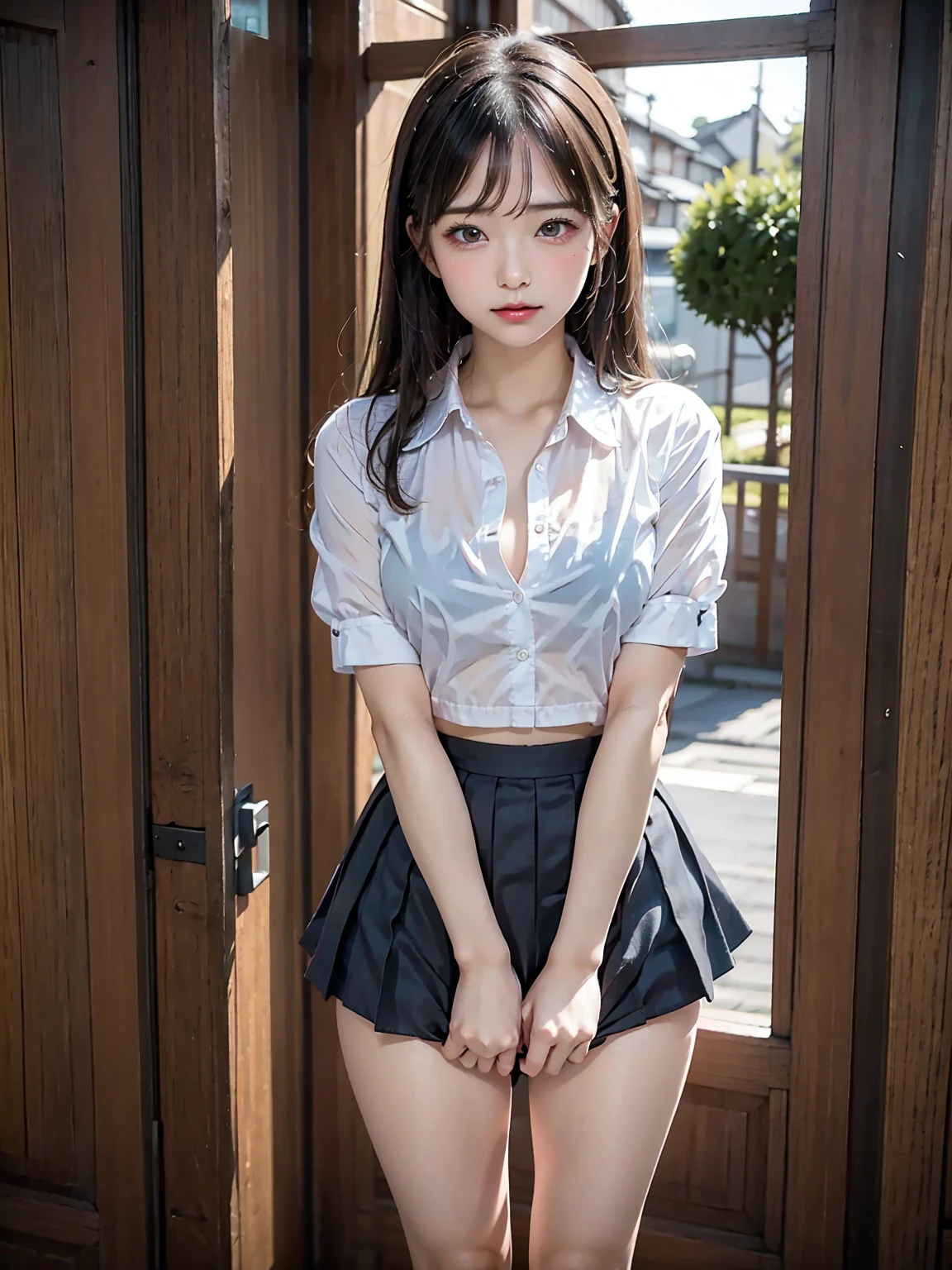 (Highest quality, masterpiece, Ultra-high resolution, 8K, RAW Photos, Realistic, Anatomically correct:1.5), 20-year-old girl:1.2, Embarrassing, avert your eyes, blush:1.0, View Viewer, ((bar)) 、Large windows、Night view、 Light:1.2, Bokeh, Cinema Lighting:1.0, Depth of written boundary, sharp、 Cute face、Idol、Wine colored short sleeve lace top、Black pleated skirt、Shiny wine-colored clothing、”dwarf”、(Floral clothes)、(Full Body Shot)、Side angle、Cowboy Shot、 smile、((Ultra short hair、Berry Short))、(Straight bangs)、((See-through))、(( One Girl))、Waist、I can see your thighs、
