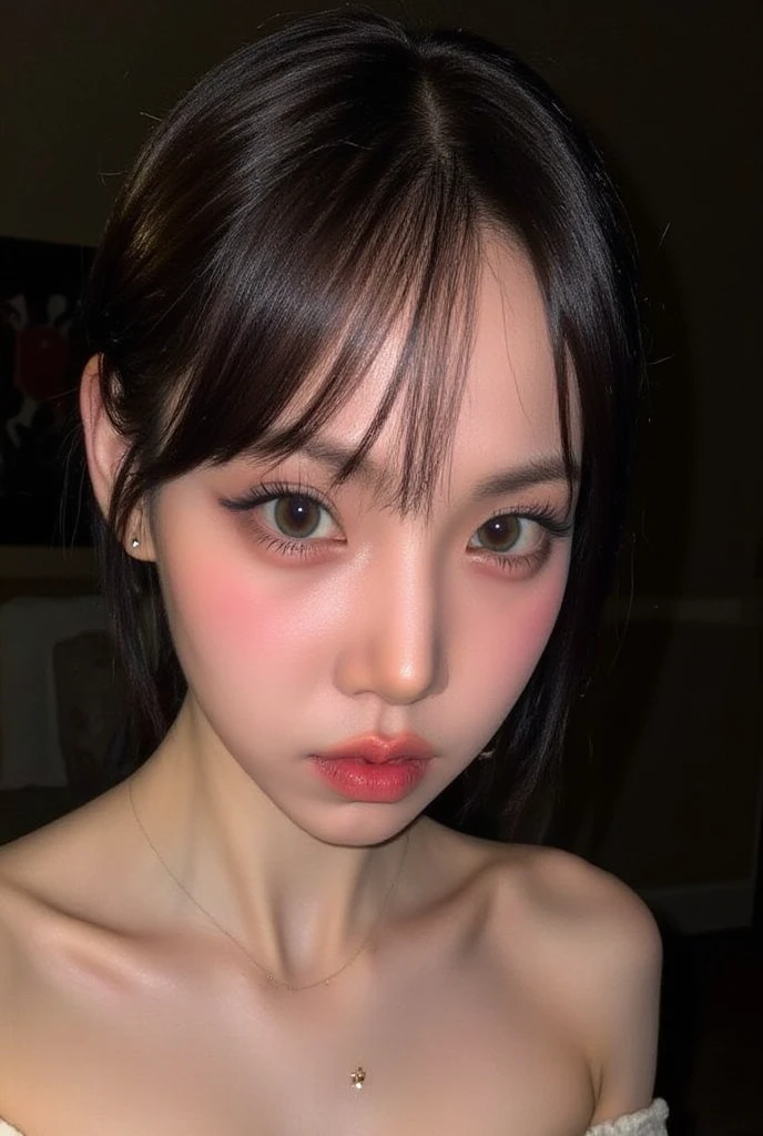 ((Highest quality)), ((masterpiece)), (detailed),nsfw,Perfect Face, she is flat ,10 years old, small girl, slim, Black Bob, ((Narrow eyes)), Japanese, forehead, ((Dimly lit room)), choker, ahegao, looking at viewer, looking up,((single eyelid), close up, kneeling), Pink nipples,(Vulgarity, Obedience,To flatter),Bunny ears