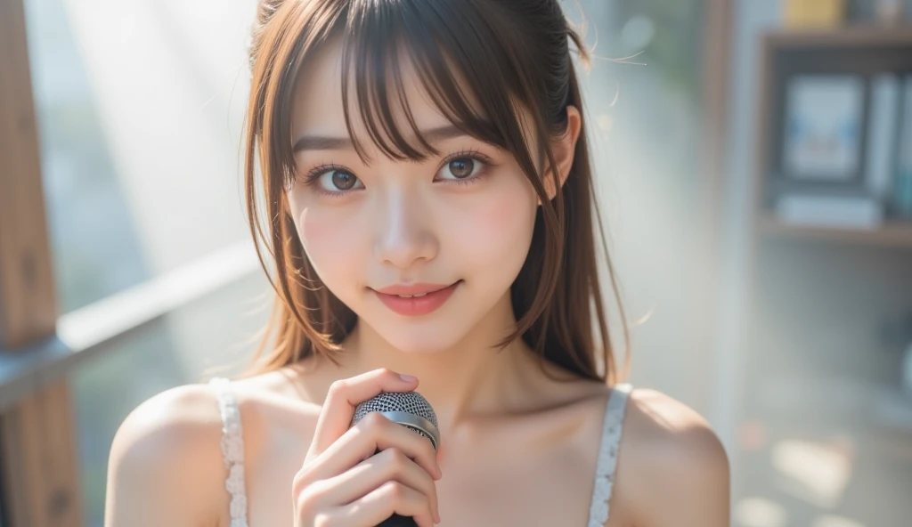(Highest quality、8K、32k、masterpiece)、(Realistic)、(Photorealistic:1.2)、(High resolution)、Very detailed、Very beautiful face and eyes、1 Girl、Round and small face、Narrow waist、Delicate body、(close、Highest quality、High detail、Rich skin detail)、(Highest quality、8K、Oil paint:1.2)、Very detailed、(Realistic、Realistic:1.37)、Bright colors、(((Brown Hair)))、(((Bust Shot)))、(((Long Hair)))、(((White wall background)))、(((White wall background)))、(((I'Diva)))、(((Sing passionately)))、(((I'smile)))、(((Wearing a sparkly tank top)))、(((Look straight ahead)))、(((Brown Hair)))、(((sweating)))、(((I have a microphone)))、(((Teeth are visible)))、(((Black and pink tank tops stand out)))、(((I&9;Wearing a dolphin necklace)))