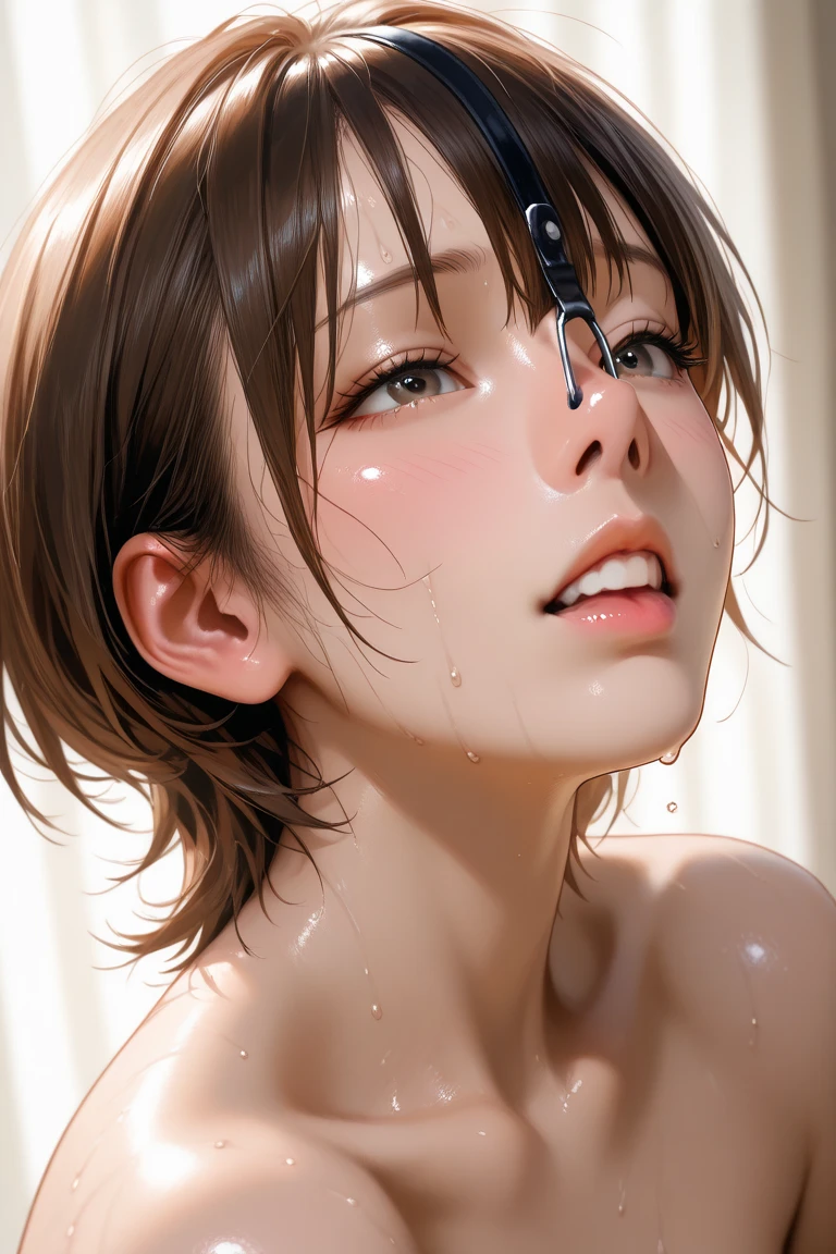 nsfw, (masterpiece), (photo realistic1.4), ultra high res, best quality, 8k,(cowboy shot,from the front),,BREAK solo, BREAK solo, 1girl, 24yo, an extremely beautiful girl, beautiful face, perfect face, cute symmetrical eyes, double eyelid, medium breasts, puffy_nipples, (perky breasts), narrow waist, (pubic dark green hair:1.5), bsp, pussy juice dripping, ((short hair, dark green hair)), no makeup, sweaty body, standing, BREAK (green clothes), (open clothes), breasts, nipples, nipple slip, pussy, pussy slip, no panties,(embarrassed,smile), open mouths,((tongue out)),deep breathing, feel good,public indecency,look up away from viewer,(((multiple boys, peeing on a girl,multiple penises, gangbang))),((ecstasy torogao, saliva trail, nose blush,one eye closed,out tongue)),cleavage of the breast,happy,((smile:1.9),((cum on body:1.9)),((cum on face:1.9)),((cum on hair:1.9)),(Bukkake, cum in mouths:1.3),(cum on glasses:1.3),hands up,vulgarity,(female masturbation:1.9))),(Mess with yourself), (cum shot)