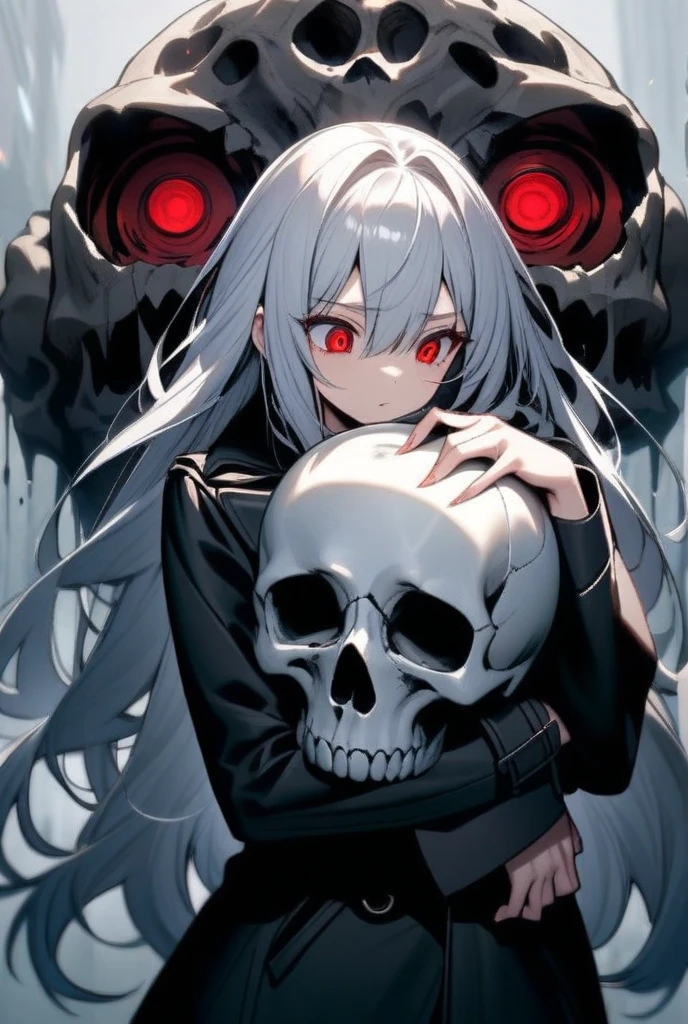 Beautiful girl with white hair and red pupils,There is a wound on the face,Bleeding,evilsmile,skelleton,White bones,Gloomy environment,high light,Fluorescence