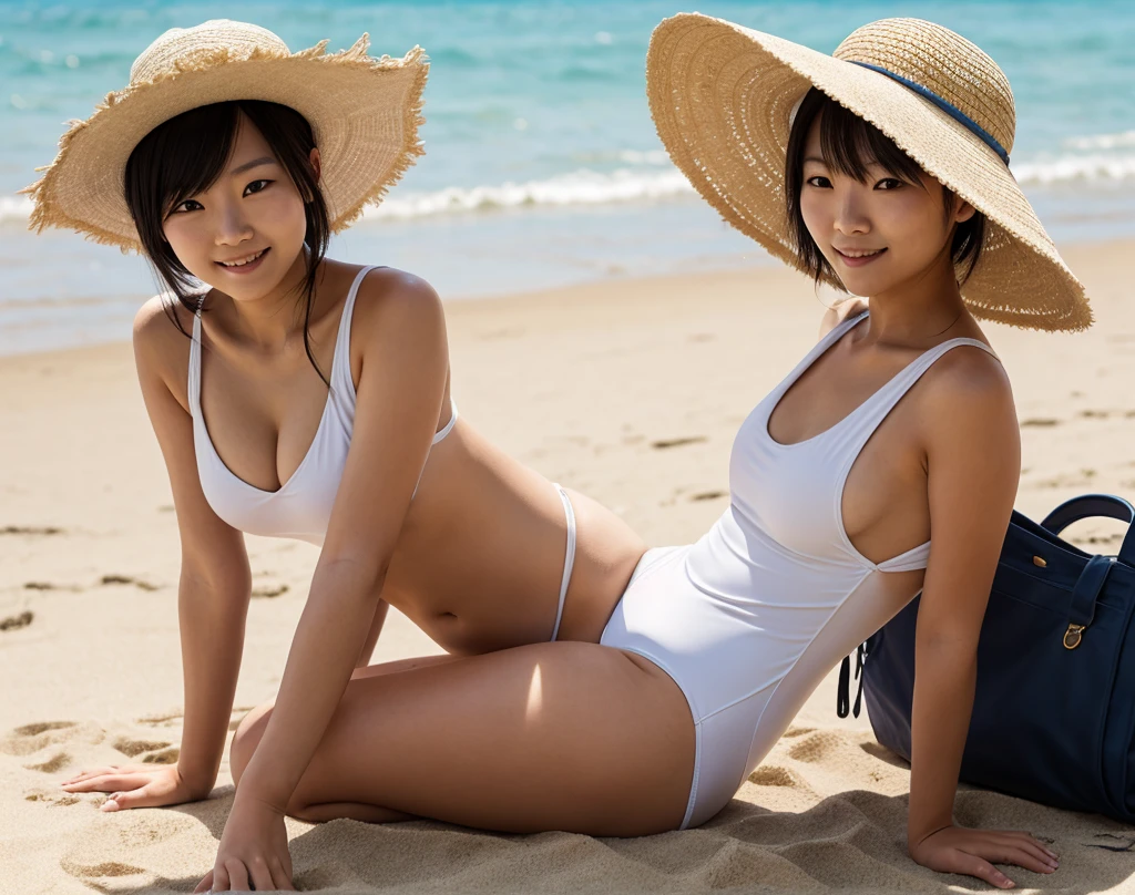masterpiece, best quality, hyper detailed, absurdres, woman, grinning, standing, looking at viewer, looking back, short hair, black hair, brown eyes, fair skin, detailed skin, detailed face, slim, curvy, leggy, beautiful breasts,(big breasts:1.2), ((Toned and round butt)), (wearing white bikini top, wearing white gym bloomers), smaller face, toned, 23-year-old, japanese woman, outdoor, sunny beach, pure white sand beach, emerald sea, summer day, day time, photorealistic, ultra realistic photo, raw photo, full body shot, in focus with blurred background araffe asian woman in a white bikini posing for a picture, gorgeous young woman, gorgeous figure, young pretty gravure idol, gorgeous model, young sensual gravure idol, japanese model, gorgeous bikini model, sophisticated gravure idol, attractive pose, photorealistic perfect body, (very sexy)