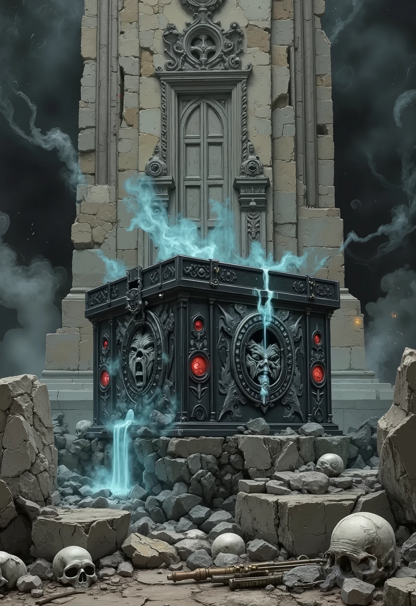 A highly detailed illustration in the style of a gloomy fantasy depicting the mysterious box of the Warlord of Despair — a jagged Obsidian chest covered with carved, highly polished images of screaming faces and locked with broken shackles. The box stands on a ruined stone altar in a ruined military temple, surrounded by white skulls, broken weapons and dying torches. Faint crimson runes pulsate on its surface, and blue smoke oozes from the seams. The air is filled with fog, and ghostly whispers appear as indistinct text floating nearby. Hyper-realistic textures, spectacular lighting, and a sense of impending doom. An art style inspired by Dark Souls and H.R. Giger.