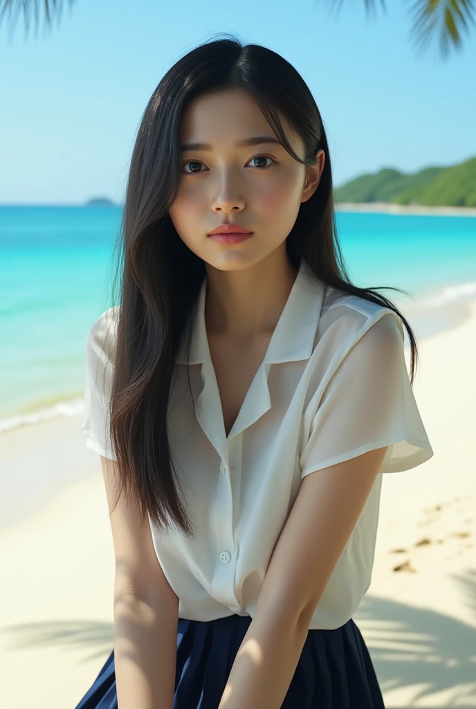 ((Best quality at best)), ((tmasterpiece)), (Detailed pubic hair), s the perfect face,Girlfriend wearing hat sitting on the beach