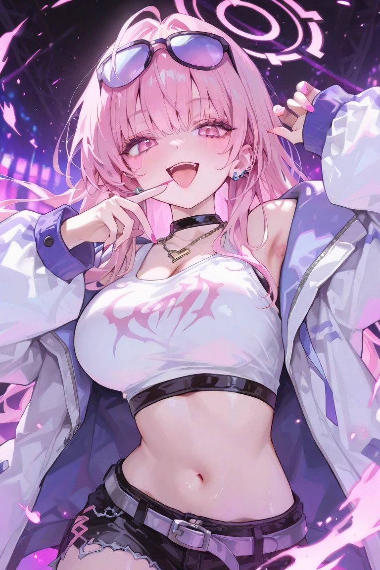 女の子1人、Pink hair、Medium Hair、fluffy and soft hair、I'm wearing the hood of a hoodie..、Pink eyes、The hoodie has a ribbon on the hood.、undergarment、cleavage of the breast、Very large breasts、Navel Ejection、Enchanted breasts、Enchanted thighs、bow ribbon、Tongue licking、A smile、bending forward、Neon Street、nightcity、Neon light、a moon、a choker、top-quality、masutepiece、