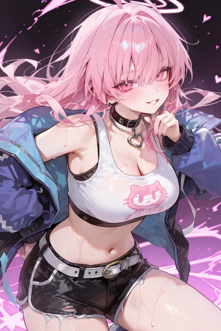 ((unparalleled masterpiece, best quality, perfect artwork)), (detailed),(((1 girl))), (ultra-detailed), (ultra detailed background), illustration,((low contrast)), ((low brightness)),((scenery)),mountain, (realistic sky), (realistic tree), (realistic grass), realistic background, (realistic cloud), clear sky, (smooth cloud),sunrise,fall,light smile,candid,wide field of view, (standing), <lora:jackal-v1:1>  jackal,long hair,pink hair,shorts,hairclip,open jacket,red eyes,white jacket,cleavage,streaked hair,pink gloves,navel,ahoge,midriff,tattoo,facial mark,pink shorts,choker,hair between eyes, twintails,long sleeves,white hair,thigh strap,belt,single pink thighhigh, <lora:QuickHandV2:0.7>QuickHands