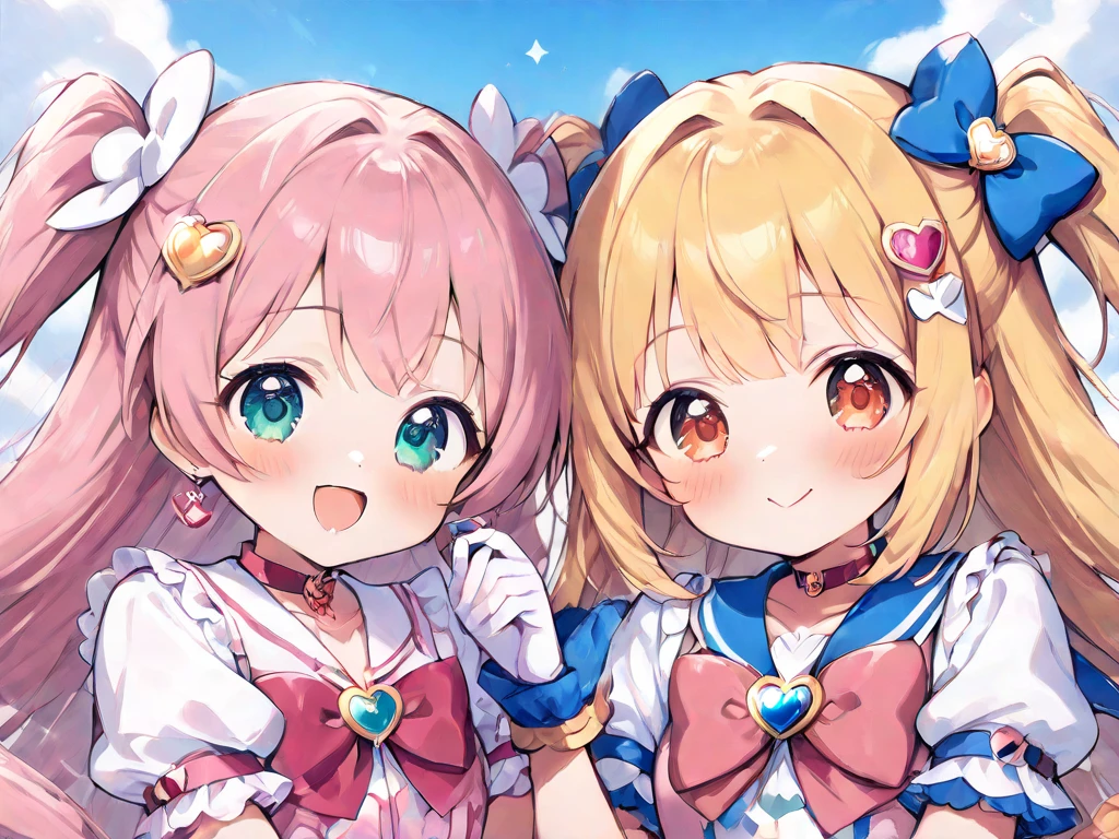 photoRealstic、Nendroids in wedding dress standing in front of the painting、heart pattern in eyes、Open mouth and big smile、watercolor Nendoroid、(High Definition Figure)、Flowing iridescent silk、up of face、Eye Up、Floral dress、There are also flowers in front of the nendroids、flower petals、season!!: 夏天☀ 🍂
