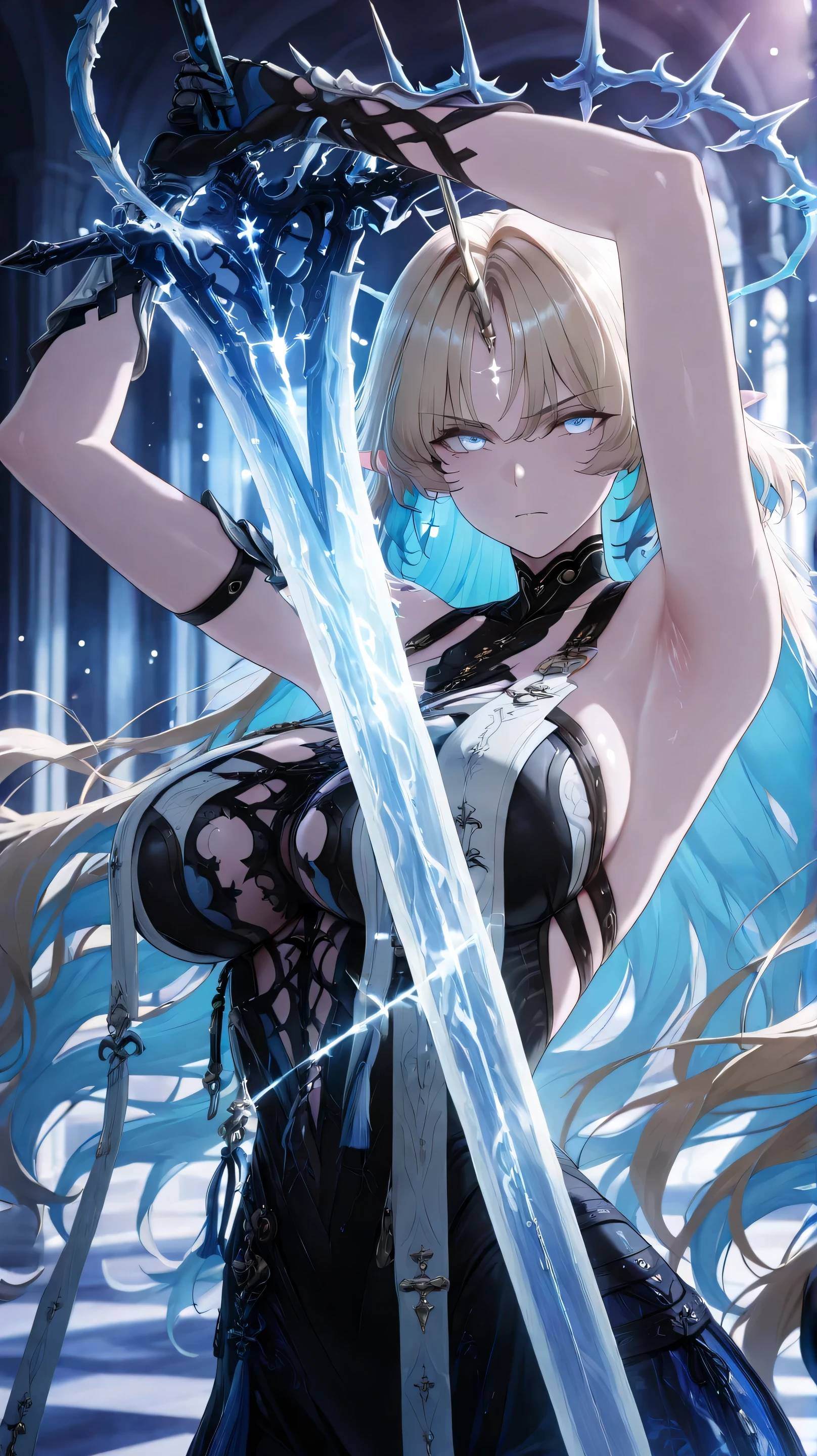 woman, solo, long hair, blonde hair, blue eyes, beautiful, half body, ice. Sexy. White clothes. Snow.