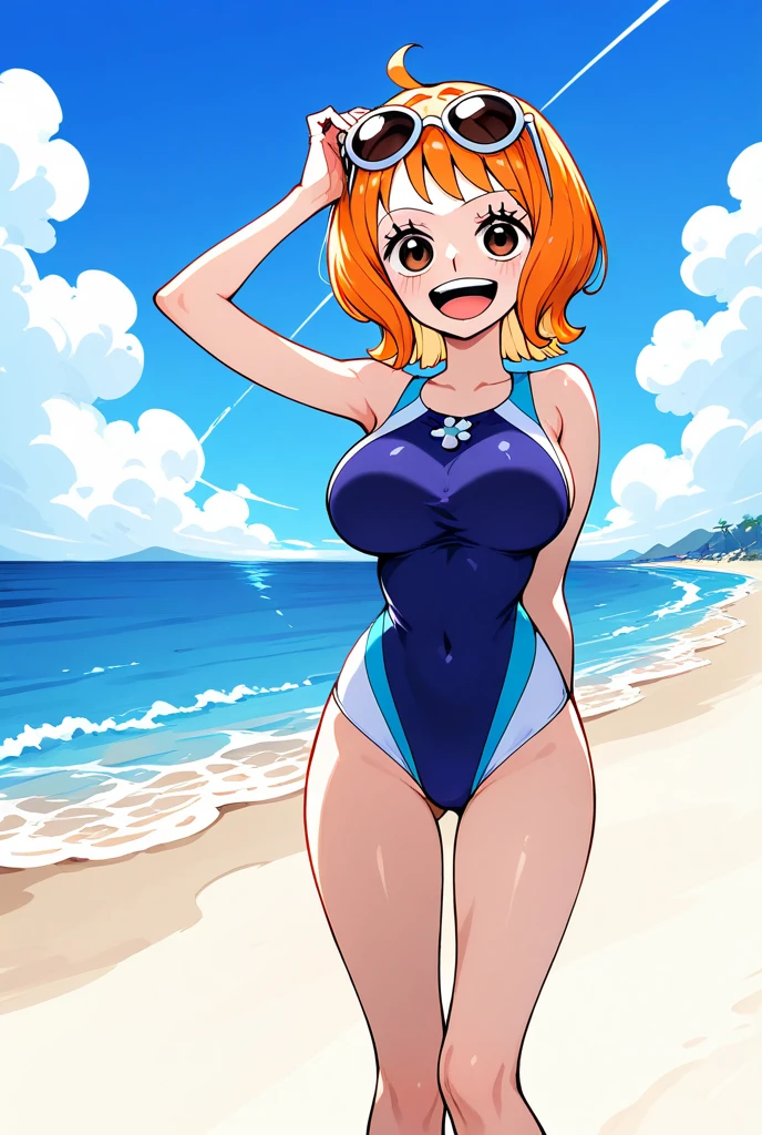 (Masterpiece, Best Quality, High Quality), professional artwork, well drawn, Intricate Details,solo,
Kousaka honoka, blue eyes, orange hair, looking_at_viewer, cowboy shot, blue leotard swimsuit , perfect shadow, beautiful,cozy , thighs gap , playful pose, nail polish ,ass visible through thighs , (lipstick:0.7)