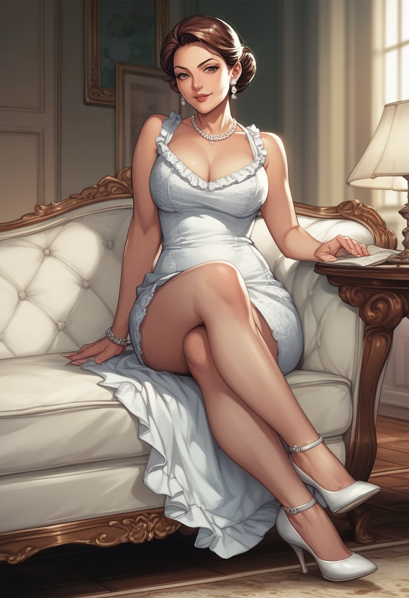 ((masterpiece, high resolution, better quality, better details)), ((Marin Kitagawa)), ((Smiling)), ((one girl)) a girl modeling standing, mini skirt, blouse, ((big neckline)), ((platform high heels)), pink eyes with black outline, (light blonde hair, straight hair, straight bangs, long hair)), long nails, pink nails, (((curvy body))), shiny skin, ((side view)), solo, bare shoulders, full body, focus full body, high heels, ((White background)),