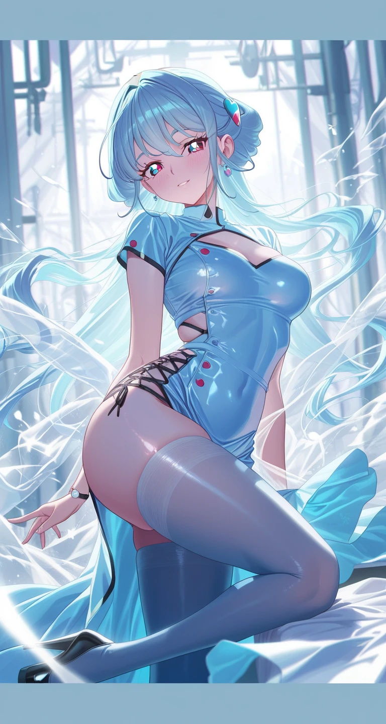 1girl,solo,cowboy shot,standing,(pastel blue hair:1.6),short hair,straight hair,(hairclip:1.2),(purple eyes:1.2),(dark skin:1.5),(beautiful fingers:1.4),(perfect anatomy:1.6),(arms_behind_back:1.6),(cold_shoulder:1.2),BREAK,(pastel blue china dress:1.6),(pastel blue leotard:1.3),(leather lace glossy silk lamé:1.6),(latex luster shiny glossy metallic:1.6),(shiny_clothes:1.6),(medium breasts),beautiful breasts,masterpiece,best quality,(Ultra high definition eyes:1.2),8k,(Beautiful detailed eyes:1.2),(Fine and beautiful eyes:1.2),(pretty eyes:1.2),finely detail,extremely CG, absurdres,high resolution,illustration,Detailed and beautiful outlines,finely detail,high resolution,(colorful refraction:1.4,Increase saturation:1.2),beautiful lighting,dynamic lighting,closed room,black background,simple background, smile,looking at viewer, o-ring top, blue capelet, blue belt, fingerless gloves, arm bandages, single thighhigh, vertical striped thighhighs, thigh strap,(pastel blue thigh boots:1.4)