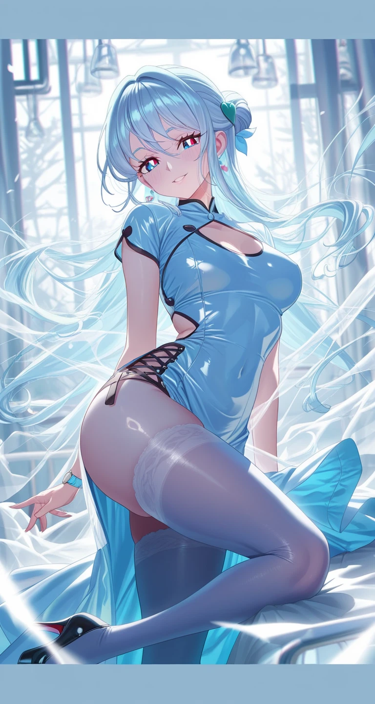 1girl,solo,full body,standing,(pastel blue hair:1.2),short hair,(blue eyes:1.2),(beautiful fingers:1.2),(perfect anatomy:1.4),(arm_behind_back:1.4),(cold_shoulder:1.2),BREAK,(blue leather lace glossy silk lamé leotard:1.4),(latex luster shiny glossy metallic:1.4),(shiny_clothes:1.4),(white Clear PVC sheets sleeves:1.4),(sheer sleeves:1.4),(see-through sleeves:1.4),(wide sleeves:1.2),(gloss on lips:1.4),closed mouth,medium breasts,masterpiece,best quality,(Ultra high definition eyes:1.2),8k,(Beautiful detailed eyes:1.2),(Fine and beautiful eyes:1.2),(pretty eyes:1.2),finely detail,extremely CG, absurdres,high resolution,illustration,Detailed and beautiful outlines,finely detail,high resolution,(colorful refraction:1.4,Increase saturation:1.2),beautiful lighting,dynamic lighting,closed room,black background,simple background, smile,looking at viewer,(pastel blue thigh boots),