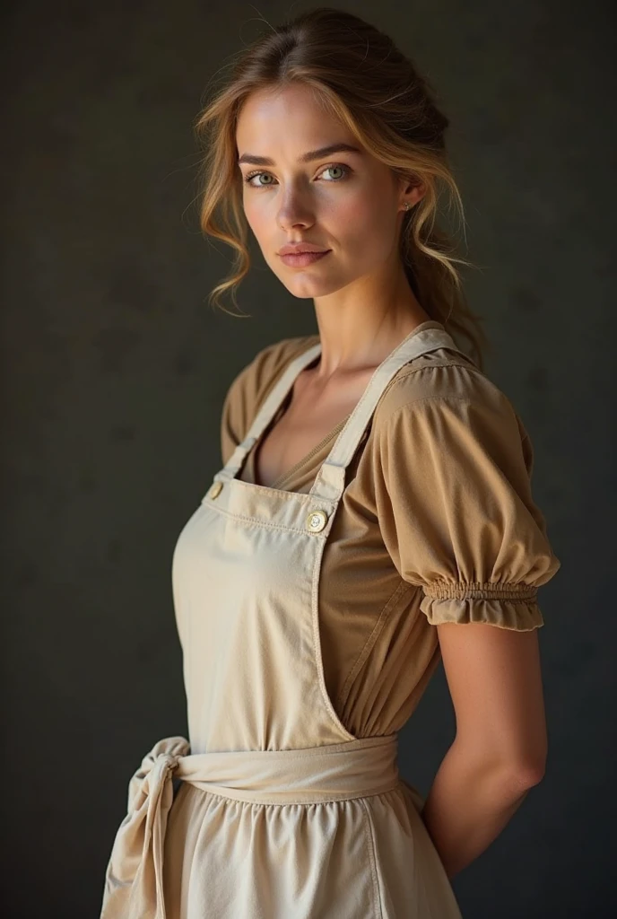 Foto hiperrealista en primer plano de Emily Sears, masterpiece, best quality, (photorealistic:1.4), full body, ( Cottage Dress Linen Pinafore Dress Elastic Waist Dress with white blouse:1.2),he walks among the fields of grain, sunny day, cinematic light, beautiful woman, skinny, large big breasts, two braids blond hair, detailed face, smile, facing the camera, photo taken from a distance, age of 20 years old,