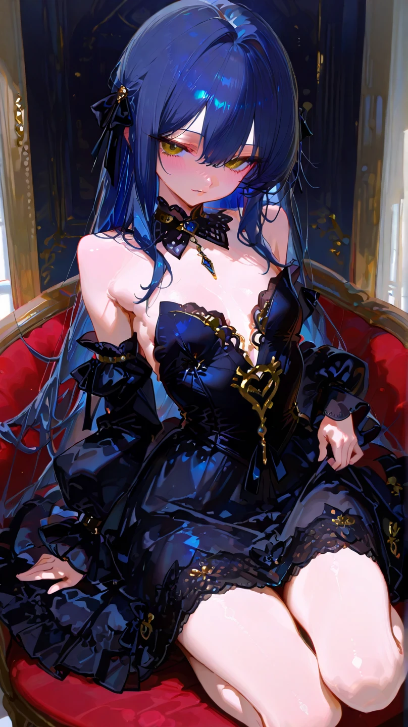 Highest quality、unity 8k wallpaper、32k、masterpiece、Very detailed、Ultra-high resolution、Very detailedな顔, RAW Photos, Professional, Ultra-fine painting, (((A saint who fell into pleasure)))、(((corrupt_girl)))、Midnight blue long straight hair、The Saint's Nakedness、NSFW