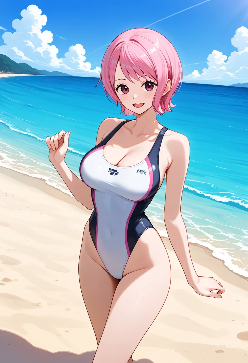 Full body image, face and hairstyle looks just like Minami Hamabe, beach, swimsuit, slim body, big breasts, huge breasts, beautiful breasts, beautiful legs, long legs, high heels, small buttocks, gravure idol, campaign girl, smile, natural pose, Clear blue sea, white sandy beach, sexy swimwear, hair blowing in the wind, bright smile, charm, confidence, bold and exciting, extreme string bikini, triangular bikini too small, stringy micro bikini, T-front pants, V front pants, digging in, sticking out, see-through swimsuit, short hair, black hair, topless