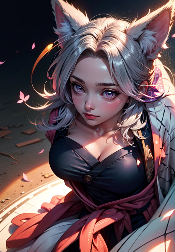 1girl, beautiful shenightborne, dark purple skin, tattoo, facepaint, long white hair, jewels, earrings, piercing, red dress, forest, tree, night, dark atmosphere, athletic, volumetric lighting, best quality, masterpiece, realistic,