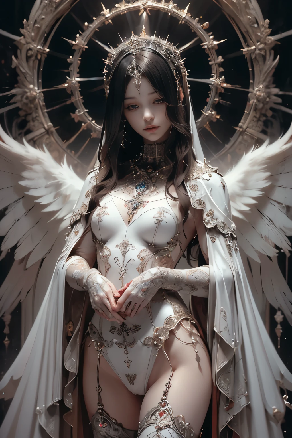 A angelic mythical creature with spreading arms with glowing intricate transparent wings, symetrical hyperdetailed texture, pearl filigree, concept art, artstation, alice x. zhang, Andreas lie, perfect composition, masterpiece, glittering professional photography, macro, natural lighting, canon lens, shot on dslr 64 megapixels sharp focus ethereal