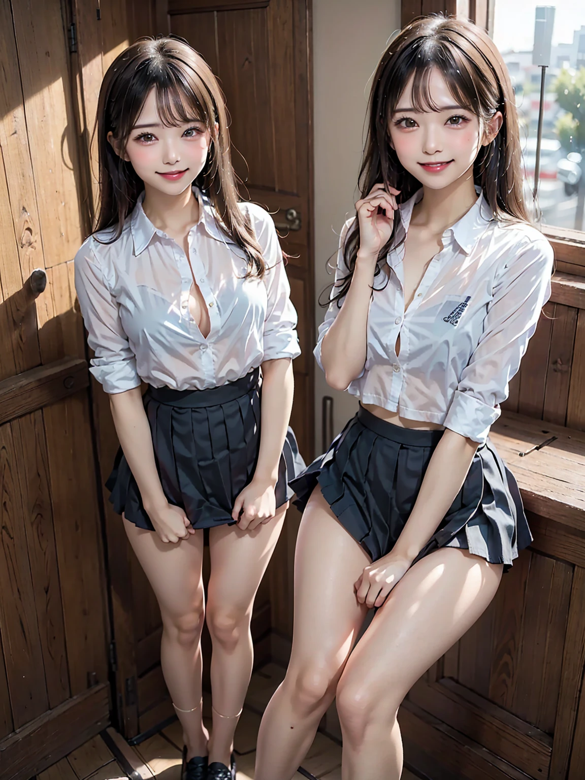 (Best quality: 1.5), (Realistic: 1.5), (1 person: 1.5), full body, Highly detailed, High resolution, 8k, Natural colored lips, Cute smile, Japanese woman, 18 year old girl, Beautiful and graceful features, Perfect and beautiful face, Big eyes, Brunette eyes, Beautiful and graceful features, Natural double eyelids, Natural bangs, Beautiful thin nose, Beautiful skin, Medium bob hair, Short ponytail hair, Natural bangs, Slim face and figure, (Looking at the camera with a relaxed expression), Japanese high school girl, Beautiful collarbone, Looking forward, Sexy pose, Fair skin, Slim, Glowing skin, Beautiful skin, (slightly saggy medium breasts), (High-school uniform), (Low-rise pleated micro mini skirt:1.5), semi-transparent school shirt, (garter belt), (knee-length lace stockings with lace), (Sexy Panties:1.2), (panty shot:1.2), Luxury kitchen, (The best lighting:1.5), Cleavage, (a big ribbon tie on the chest), (a short-sleeved tight shirt),
