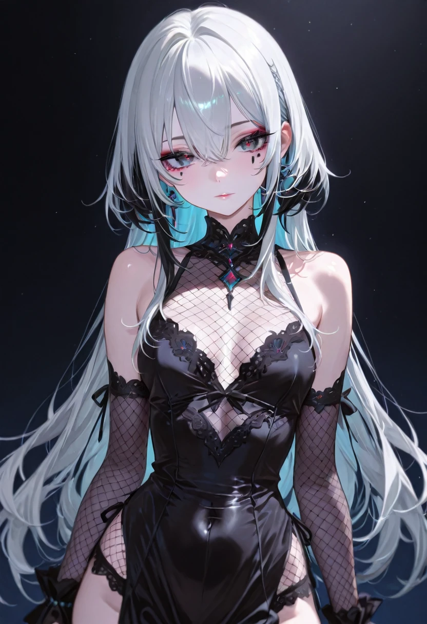 Gray Hair、Green Eyes、her right arm is a pitch black crystal prosthetic.、One person,she has a rose tattoo on her back.、solo,