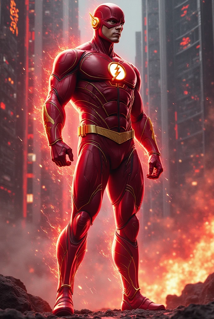 The Flash, best quality, high resolution, tall, muscular, hunk, black and scarlet red neon suit, yellow lightning trail, detailed face, detailed suit, masterpiece, tunnle of light in the background, 4k