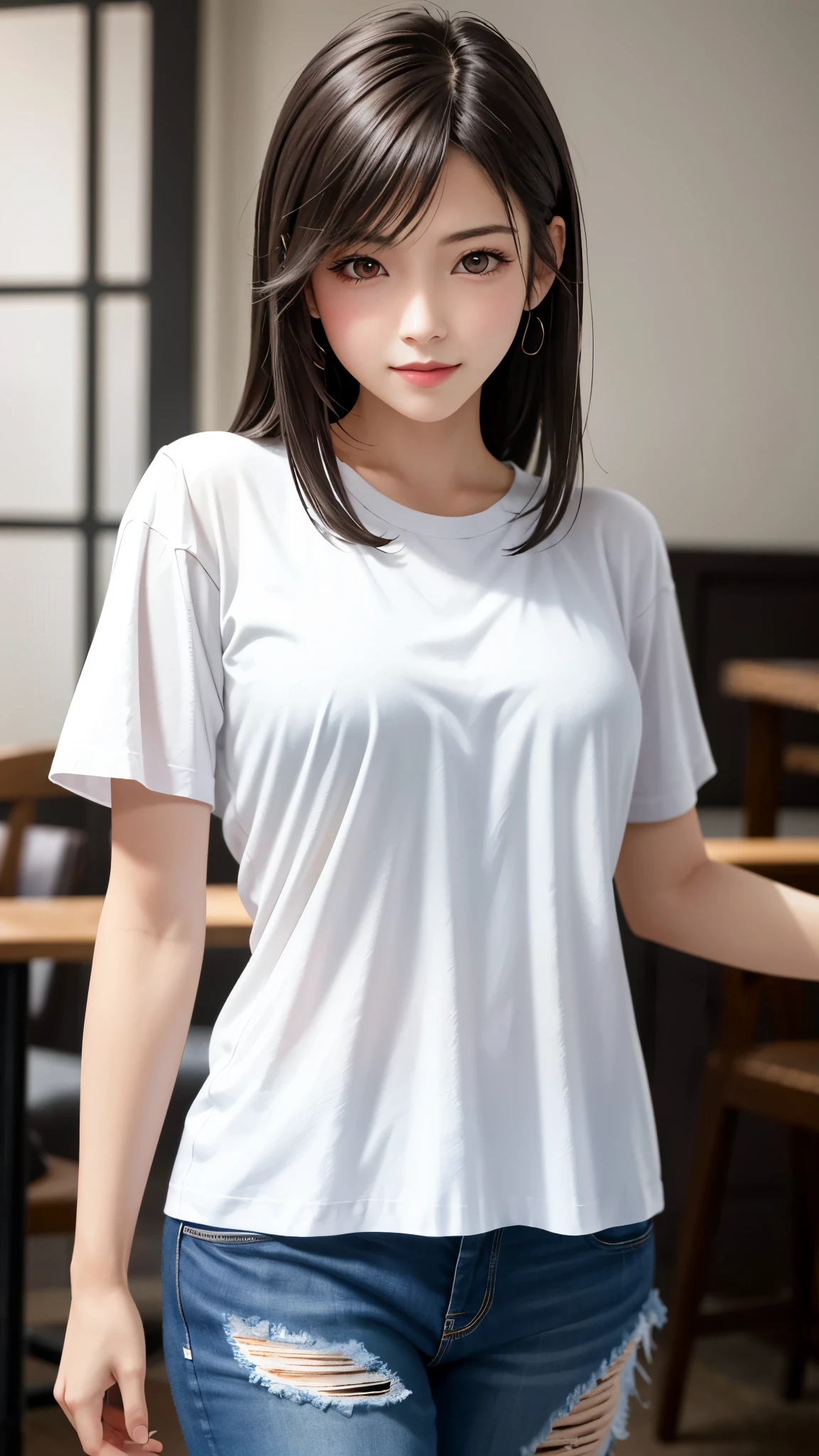 Realistic, (1girl), flowing hair, purple eyes, glowing eyes, summer, lace shirt, denim shorts, parted lips, blush, natural shadows, empty background