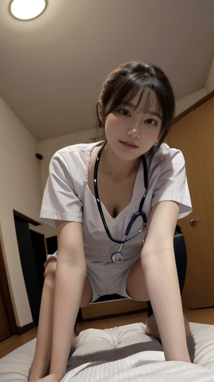 ((Highest quality)), ((masterpiece)), (detailed), Highest quality、Highest quality、8K quality、whole body、One Japanese woman、信じられないほどdetailedな顔、brown and light hair、Beautiful eyes with amazing details、Perfect breasts、Beautiful body、Fair skin、ponytail、2、Love hotel bed、(Thin and small silk side tie panties)、((Spread your legs 1.4))、((Medium Hair))、Lying in bed:1.7、Angle looking up from below:1.2,close-up,Natural smile、Braiding、Look at this、Feel the expression、Naughty look、(Really short, Open collar nurse uniform showing cleavage:1.2)、(Nurse Cosplay.2)