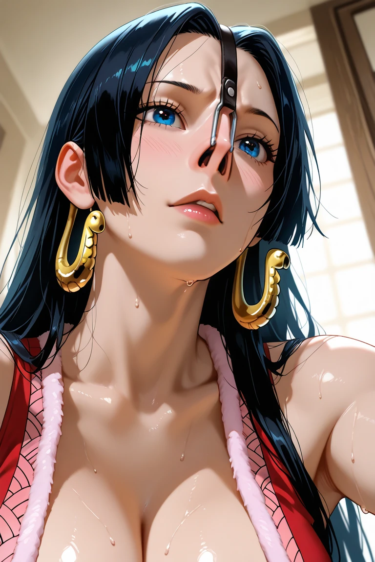 character (boa hancock) black hair wet hair big boobs, huge breasts swimsuit stage: armpit pool , HD High Resolution 4K Masterpiece