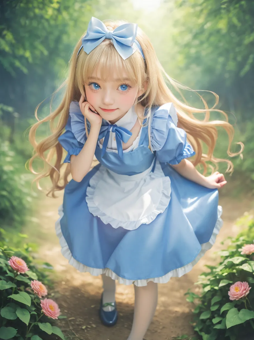 Very beautiful 8 girl dressed in Lolita maid coffee light hair light blue eyes super gorgeous details extreme picture quality sexy glamorous full body photo kneeling on the ground wearing a headband