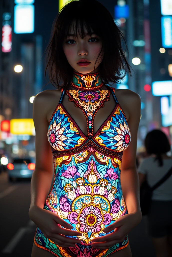 (masterpiece, Highest quality), 8k,(((Very detailed))), Race:1.8, Super intricate Race pattern, colorful Race pattern,Stained glass transparent body, Mandala,light up,cold, 1 female, Open Back, 18 years old、Japanese, beautiful girl, Intelligent face, Photo of Lee Jae, sultry body with セクシー belly, Sexy girl, Young sensual elegance, Sexy body, Sexy look, Very Short Hair、Night viewのきれいな港で撮影、Night view、 Intelligent face、Narrow waist、Large Breasts、drool coming out of the mouth、Smile a little、EOS 50mm F2, Blur the background、Lighting the face、Sitting、Ass、Thighs、Bikiji、