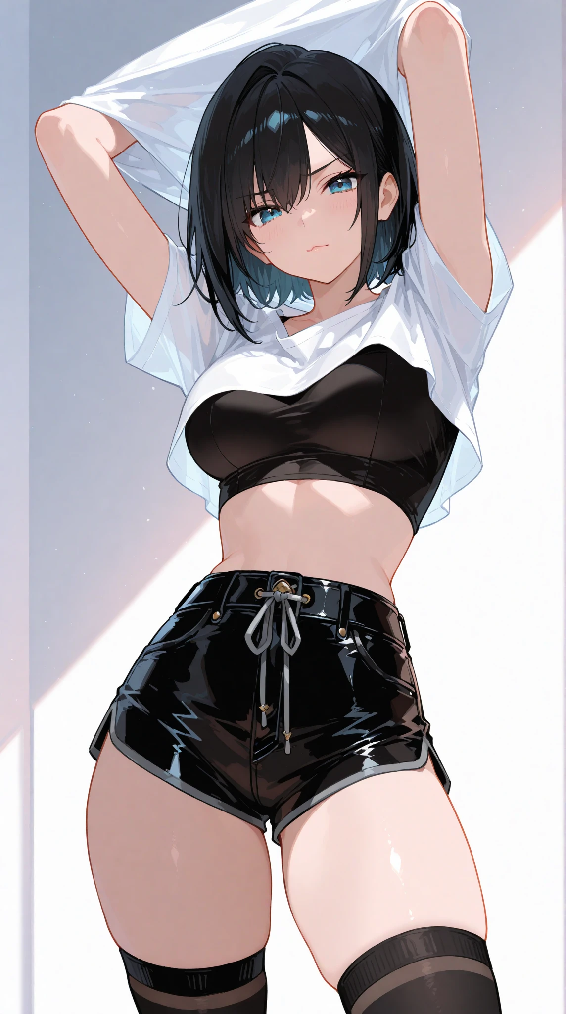 (short cute girl，small young student，young delicate girl）,（masterpiece，Top quality)，arms up，Short shirt，Crop Top Look，long black hair