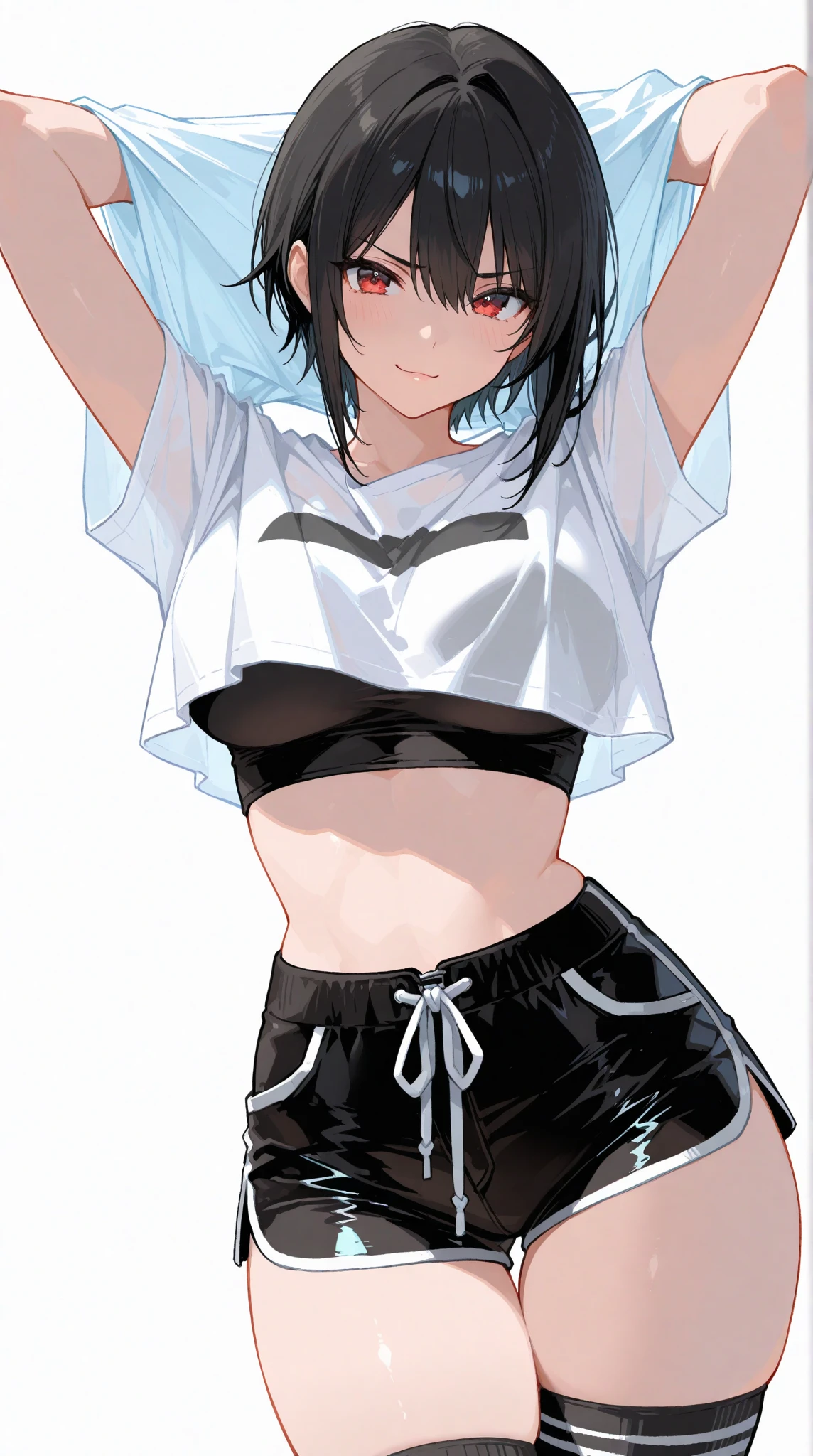 "(perfect masterpiece:1.2), (highest quality:1.2), stunning face, mature and chubby, Big eyes, compensate, long and luxurious eyelashes, lip whole, irresistible charisma.",belly button,(((girl like boy))),(((very short hair))),abs,raised his arms,NSFW,(((muscle))),sports pants,sportswear,hair clip,training,Sweat,yoga,wallpaper,white t-shirt,small breasts