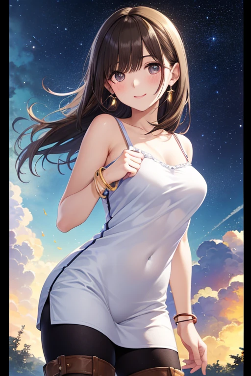 big jump in strong wind, She lifts up the under hem of her beige or white plain One-piece dress, leaning over, Climax, get ecstasy, masterpiece, very short pigtails,brown hair, Hair tie with two big red clothespins, mature, Female robot, android, blue eyes, full body figure, Height: 160cm, flushed cheeks, 2020s anime picture, missionary angle, A beautiful robot with short brown hair in two short pigtails held up by two very large huge red clothespins, Uplifting, No NSFW, whole body, barefoot, masturbate, Laughter, archaic smile, jumping orgasm, 25 years old, little bust, character sheet