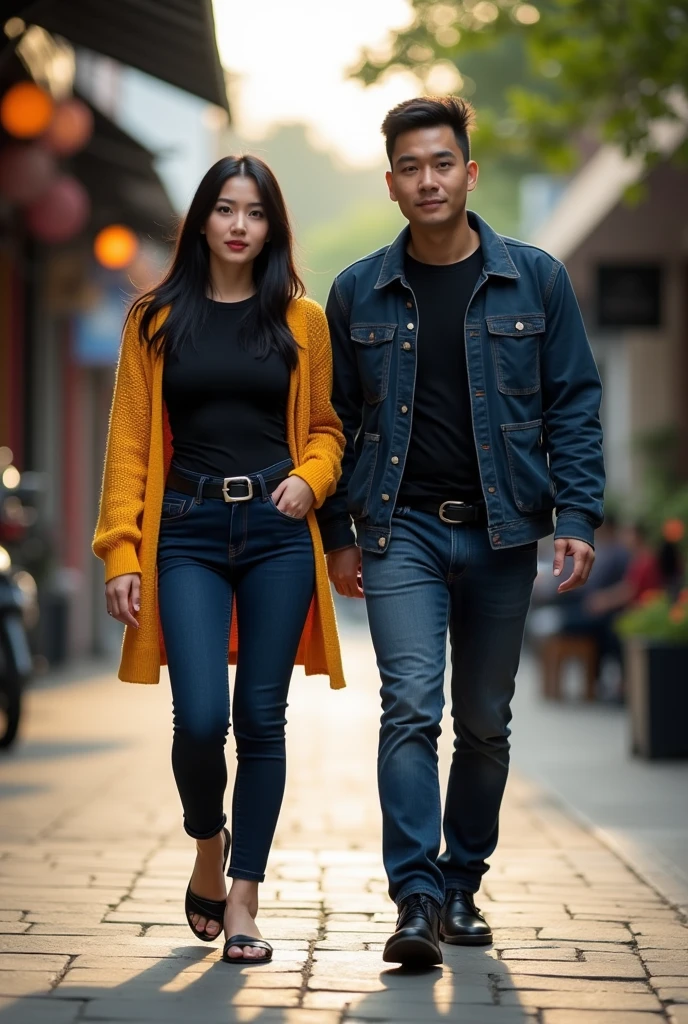 Sepasang kekasih sedang berdiri santai di alun alun. Lelaki tampan indonesia berambut hitam sedang berdiri bersama pacarnya yg cantik dan imut