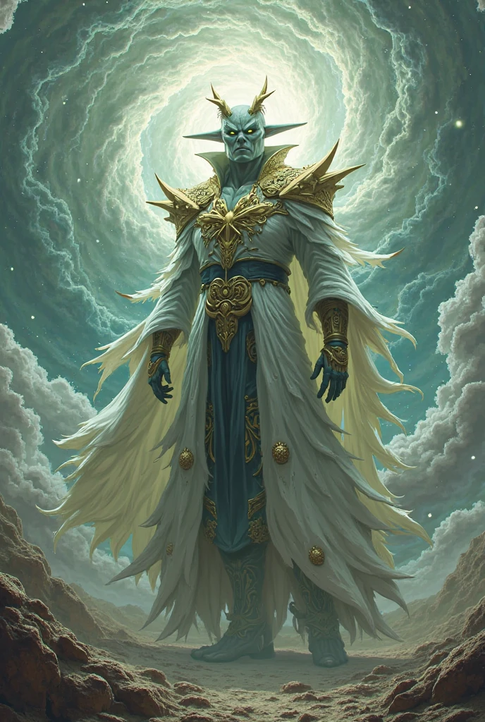 Celestian, a deidade suprema dos astros e sua serventia, mestre do destino e do tempo, It is always depicted as the figure of an ancestral elf with silver hair and purplish-blue skin with small glowing orbs, como pintas, scattered all over his body—as if the whole universe stretched over his skin. On his face there are no eyes, nariz ou boca, just the depth of an expressionless face, ladeado pelas pequenas estrelas que brilham sobre sua pele.