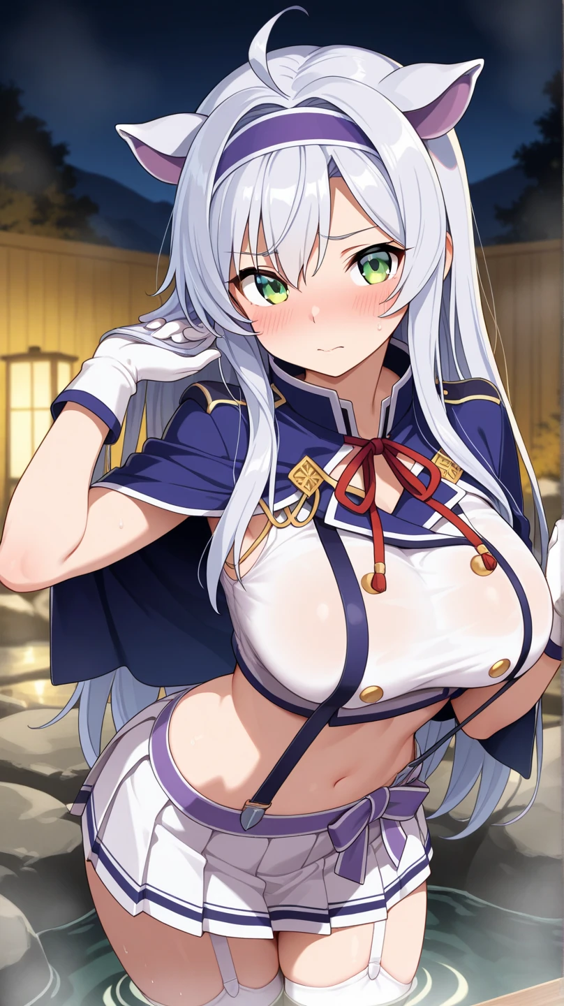Cute naughty priestess, Pastel colors hair, large breasts, Thighs, (silver hair), blue hair, long hair, (pouted:1,2, blush:1.2), half updo, double bun, (naked:1.3), at the adventurer's guild, A bulletin board with posted paper