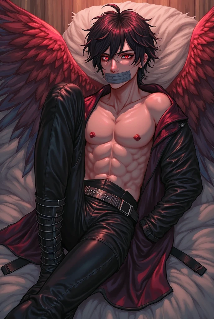 NSFW, short boy, feminine small shotacon, holding crow pet, small fragile body, black fur-lined clothes hanging on the shoulder, little to no clothes (showing core body), black hair, very messy mullet hair, bangs, shining crimson eyes, masterpiece, 8k, photorealistic, chiaroscuro lighting, dramatic shadows, cinematic composition, coast background, wearing black short, sharp black nails