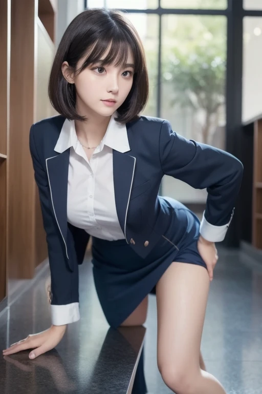 top-quality、masterpiece、Photorealsitic:1.5、With all the fortook visible from behind:1.5、Looking back with an emotional expression、report、Japanese gravure model beautiful high school girl、Black hair short bob、Bangs、18year old、Schoolgirl Uniform、skinny、flat boobs、(Visible lower milk、Uniform with visible ribs and navel)、open one's legs 、T back、Detailed pubic bone、skinny、panic at the sight of the audience、school classrooms、sexy pose、ssmile