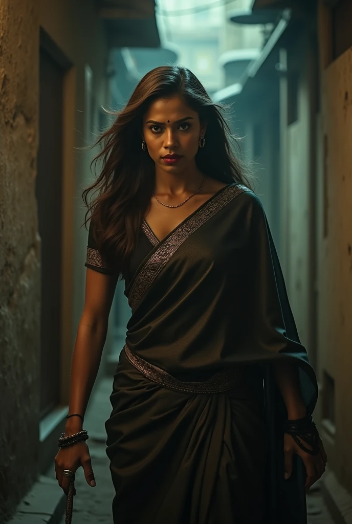 Deepika padukone with short hair in long india prisoner dress walking slowly with hand on her stomach out of tunnel,tunnel ha pipe through which fire is coming out ,bak view 