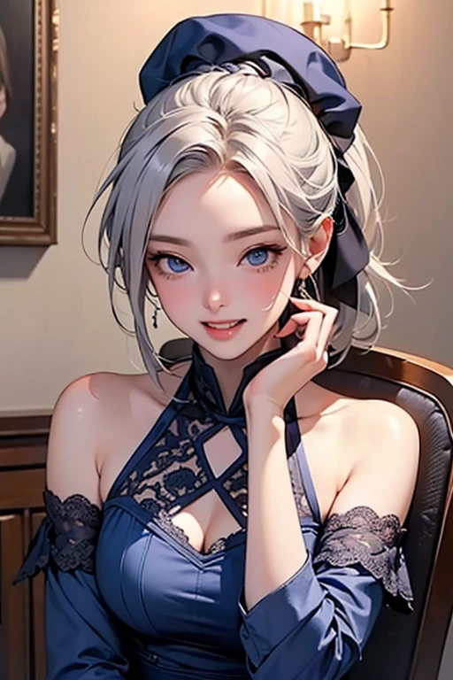 (masterpiece: 1.2, Highest quality), (Actual Photos, Intricate details), 1. woman, alone, Upper Body, casual, Shoulder-length hair, Minimal makeup, Natural materials, Face close-up, smile, Home, Gray Hair, blue eyes, Shoulder Bare、ponytail、(Swimwear)、(From the waist up).