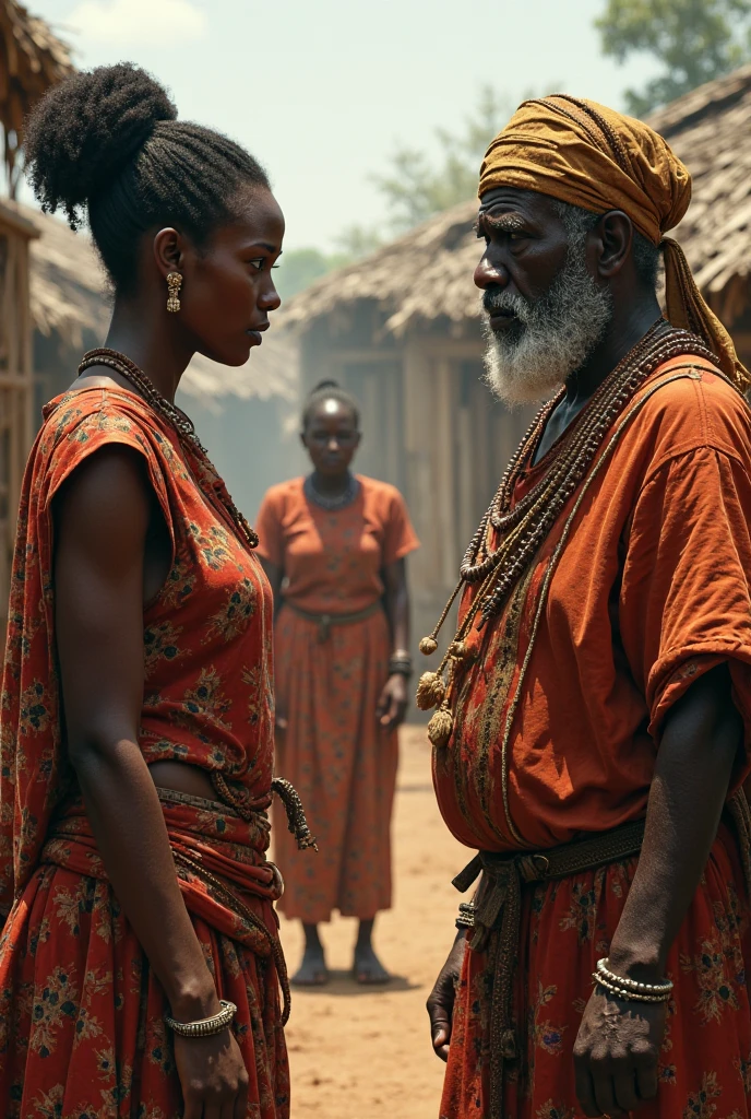 an African hunter with short hair confronting an old witch in a village of huts