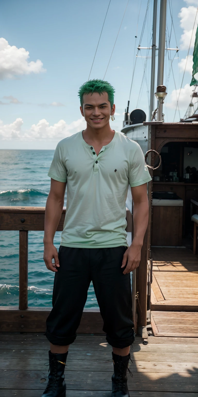 Handsome young man, Thai, 30 years old, green hair, holding two swords, with water drops on his body. Aboard a junk boat during the daytime