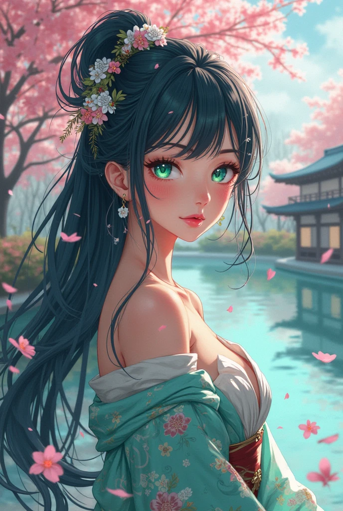 best quality, Masterpiece,ultra high res,dramatic angle,beautifully painted,highly detailed,color Ink wash painting,(color splashing),colorful splashing,(fluttered detailed color splashs),((ink refraction)), bright,vivid color,side view,upper body, 1girl,Eastern_European_girls,(bathing:1.3,soaking in the hot spring:1.5,partially immersed:1.4,Holding a lotus in its beak:1.2),smile,(long hair,hair ornament:1.4),hair flower, water on skin, arms behind back,(chinese clothes,Hanfu, colorful),wet clothes, opened clothes,bare shoulders,(wearing dudou,see-through chemise),small breasts exposure,erect nipples, outdoors,chinese ancient style,ancient palace beside,east asian architecture,(beautiful detailed sky),moon,blue sky, lakes, pure,(Lycoris radiata, butterfly, cherry blossoms,Petals floating on the hot spring:1.4), willow tree, bamboo,, <lora:more_details:0.3>, <lyco:GoodHands-beta2:0.8>