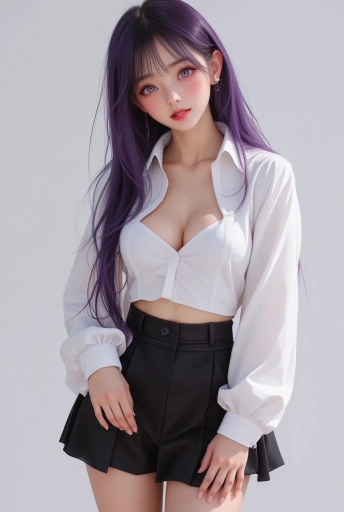 A beautiful woman, wearing ((glasses, white shirt, skirt)), pale skin, smooth pale skin, skin tune pink, perfect body, detailed body,((round big breast, small titts, big hips)), cute face, purple hair, pigtail hair, super detailed, 8k