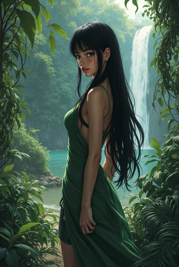 1 naked Amazon woman ,walking nude with her outfit broken, walking by the river under the rain at the jungle, long black beautiful hair,nice beuatiful breasts, curvy body shape,very hairy vagina. Full body view picture