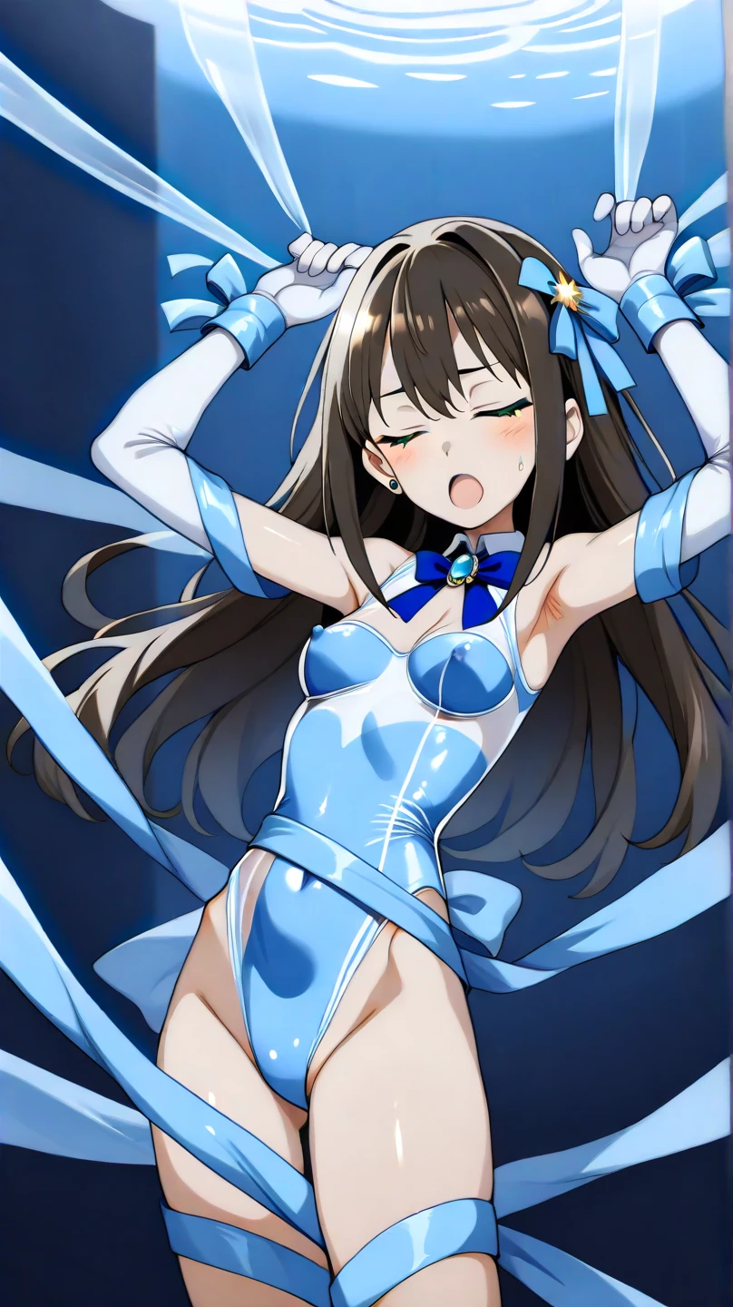 top-quality、extremely delicate and beautiful、Japanese hair、Junior Idol、Tricolor Leotard、elementary student、highleg、8 years old、japanes、Chiquita、less sunburn、A smile、Facing the front、The background is underground wrestling.、illuminating