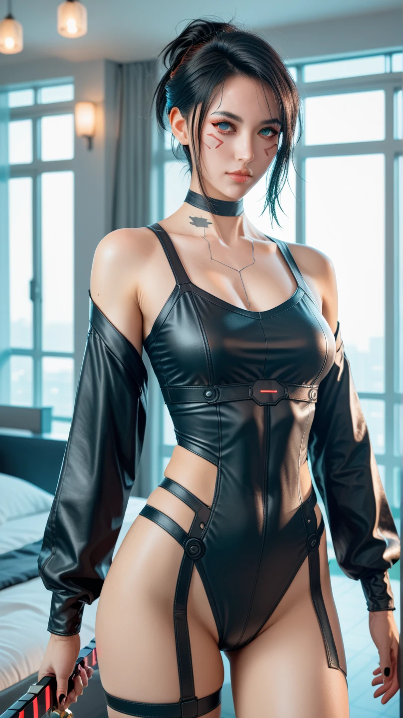 photorealistic, high resolution, 1women, mature female, solo, blue eyes, hips up, white off-shouler jacket, black bodysuit, bare shoulders, white shorts, hip vent, (dynamic pose), fantasy, high contrast,cityscape, neon lights, neon trim, ((cyberpunk)), 1 sweet girl,white short hair, bangs, ((red eyeliner)), ((makeup)),red lips, sitting, sexy body
