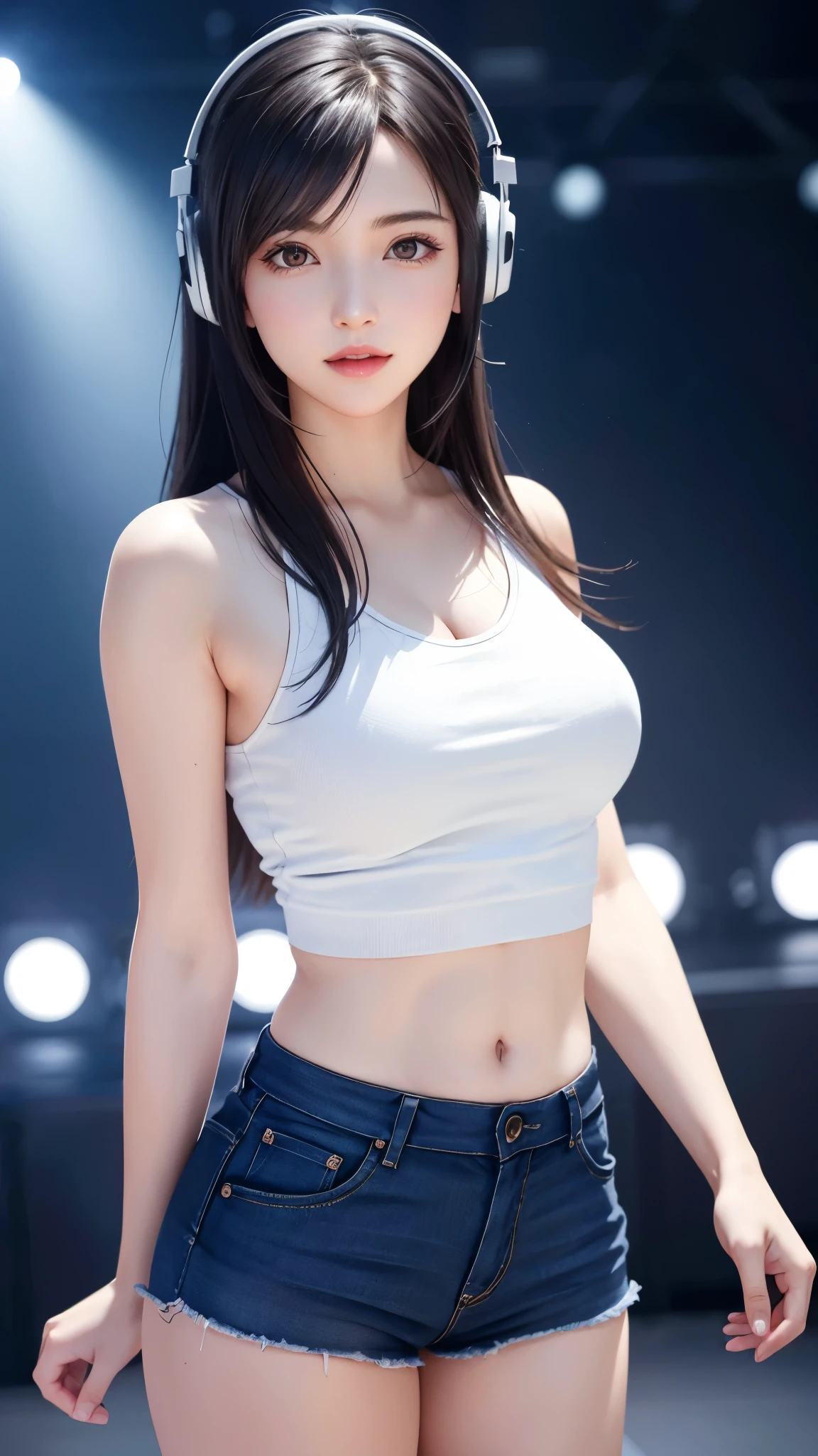 High resolution、High resolution、Shoulder-length hair、Ponytail Hairstyles、Big eyes、Watery eyes、White skin、Shiny Hair、Glowing Skin、extremely short tank top、Shorts、A scene showing a dance on stage、Cleavage、D cup breasts、Firm breasts、Beautiful waistline、Beautifully shaped breasts、Beautiful hip line、Beautiful leg lines、Beautiful arm lines、smile、boost mood、20-year-old women、Sexy Woman、The real picture、AI Beauty、Looks like Haruka Ayase
