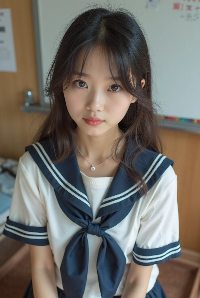 Beautuful Women、18year old、(Flat chest 1.6)、a sailor suit、Japanese houses、body shot