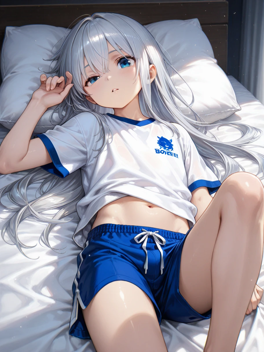 Silver Hair、Red eyes、Fox Ears、girl、Small breasts、ponytail、girl、Small breasts、Bright smile、Looks about 15 years old、Petan Musume、He is short、Gym、【prompt】
break (Old style sportswear for Japanese schools:1.3), ((Soft cotton material, Matte material):1.3), (Oversized soft cotton short sleeve U-neck white tunic:1.4), (Top outline blue line:1.3), ((Slim fit, Exactly) (Dark blue panties, Deep blue athletic micro shorts made from soft cotton, Soft cotton dark blue bloomers):1.3), ((Between the legs, Upper thigh skin):1.3), (White socks:1.3), (sneakers:1.2),