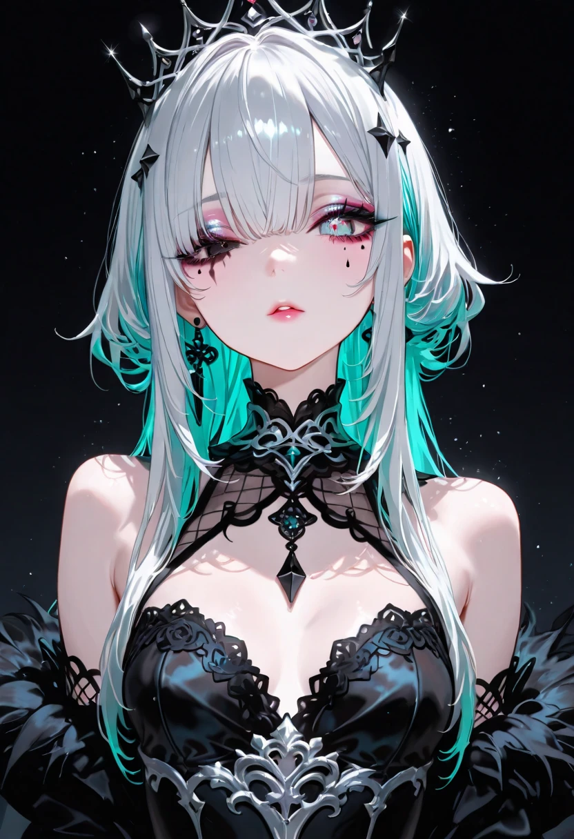 monochrome, only eyes and lips in color, face focus, best quality, super fine, 16k, incredibly absurdres, extremely detailed, delicate and dynamic, cool and beautiful pretty woman, silver messy hair, (heterochromia, emerald green eye, purple eye), brightly colored tattoos on the neck, necklaces, chokers, earrings and accessories, glossy red lips, portrait